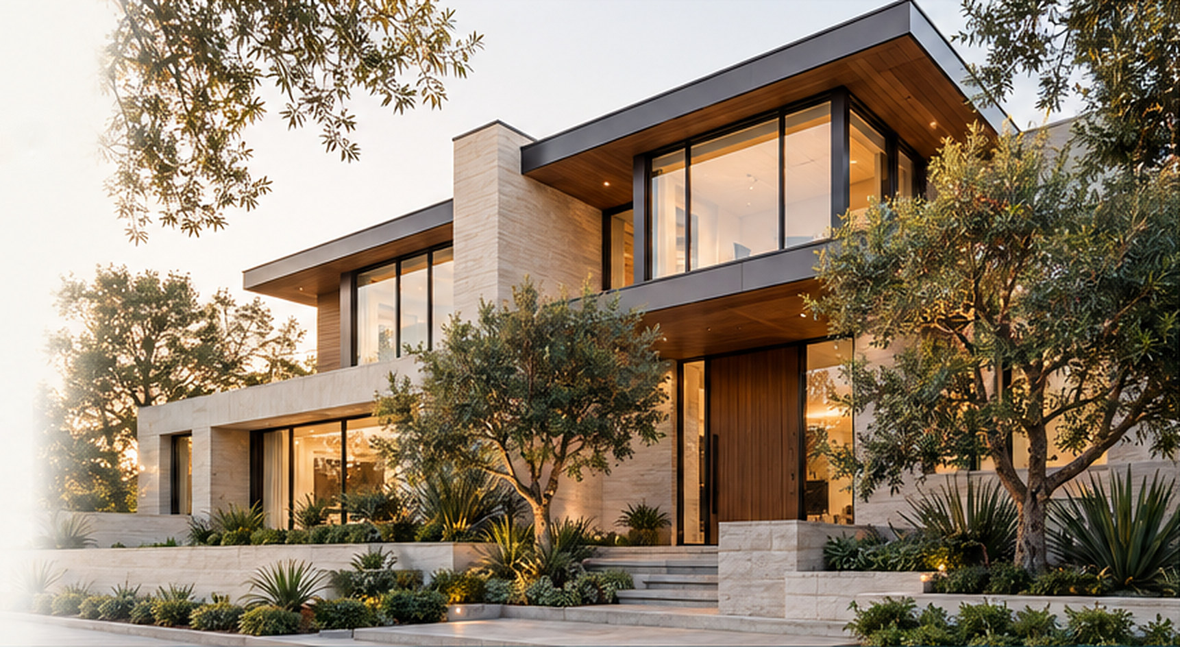 A newly finished modern home at dusk, lit from within, framed by mature landscaping.