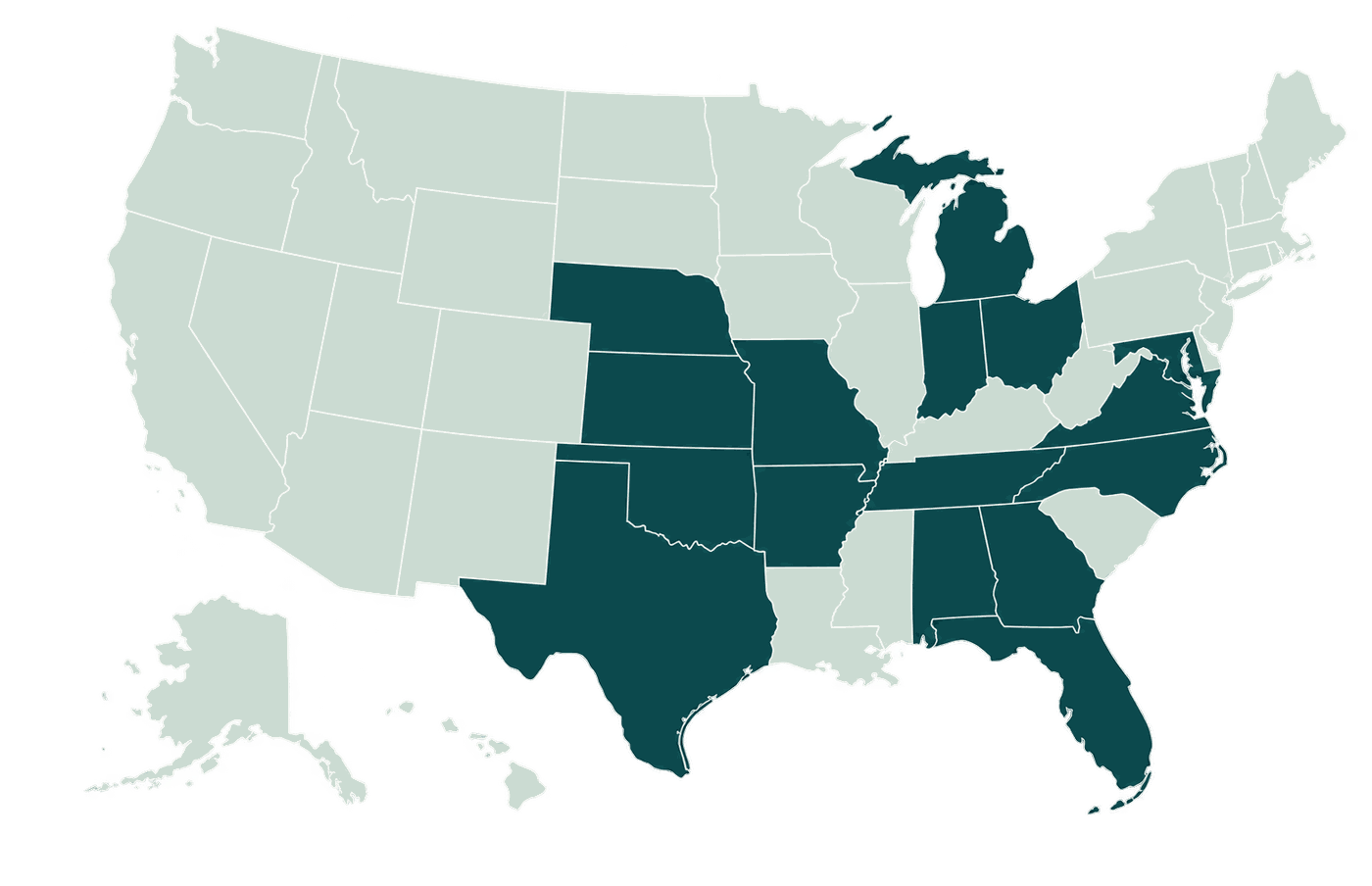 Map of the United States highlighting the 16 states BronzeRock serves